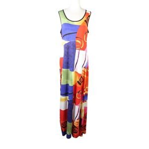 Vintage 90s Gitane Pop Art Graphic Abstract Print Jersey Maxi Dress L